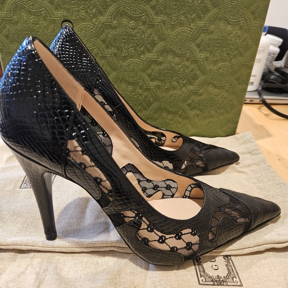 New Gucci Calf Leather Python Print GG Logo High Heels Shoes Size 37 / US 7 - Picture 7 of 8
